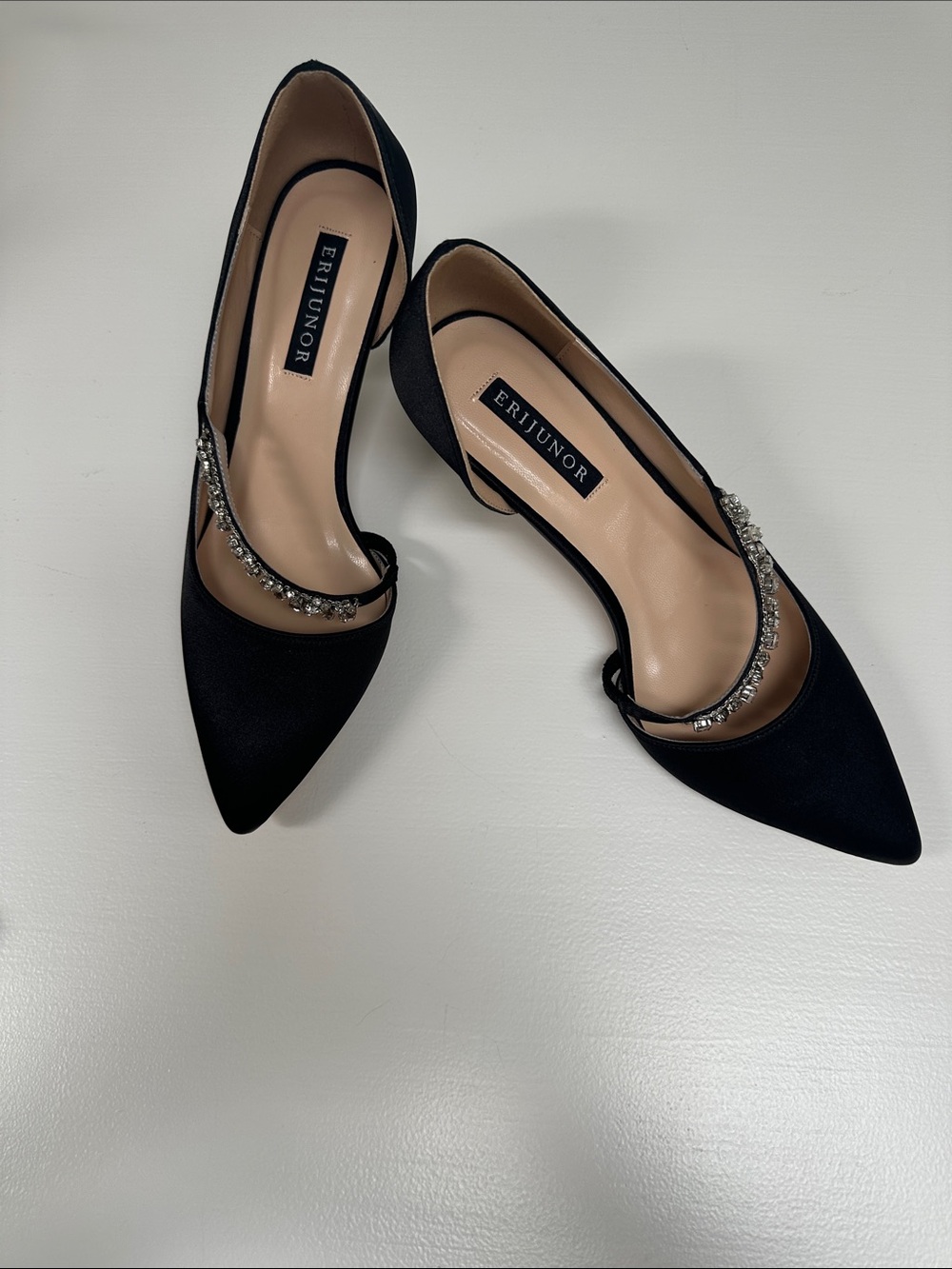 Erijunor Black Pointed Toe Crystal-Accented Slingback Heels
